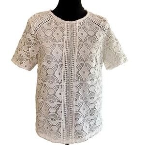HM White Geometric Lace Short Sleeve Blouse Top Crew Neck Keyhole Back Womens M